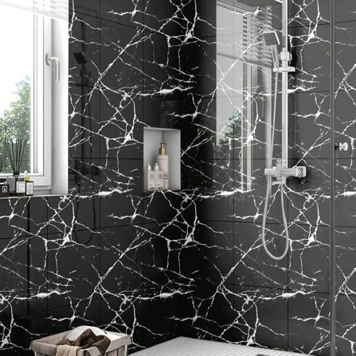 Chejiaye 10pcs Marble Peel and Stick Backsplash Waterproof Washroom Wall Panels, Peel and Stick Tile, PVC Wall Panels for Kitchen (Black Marble Tiles, 11.8" x 11.8" x2.5MM x 10Pack) - Image 3