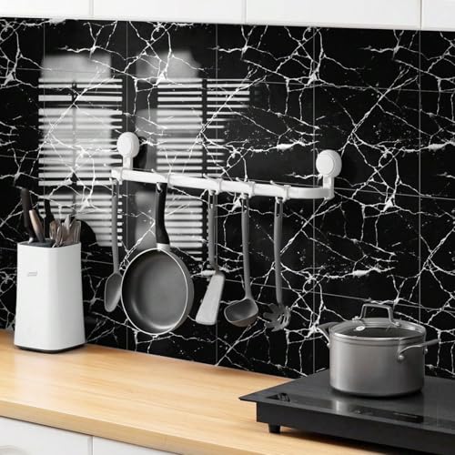 Chejiaye 10pcs Marble Peel and Stick Backsplash Waterproof Washroom Wall Panels, Peel and Stick Tile, PVC Wall Panels for Kitchen (Black Marble Tiles, 11.8" x 11.8" x2.5MM x 10Pack) - Image 2