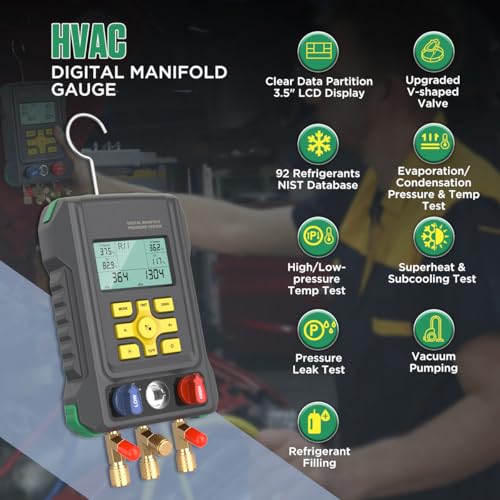 KAISAL HVAC Digital Manifold Gauge Set for 92 Refrigerant Digital HVAC Gauges Pressure&Temp Test R134A R410A R404A R22 Refrigerant Gauges with Hoses, Upgraded Ball Valve,for Air Conditioning & Refrigeration - Image 2
