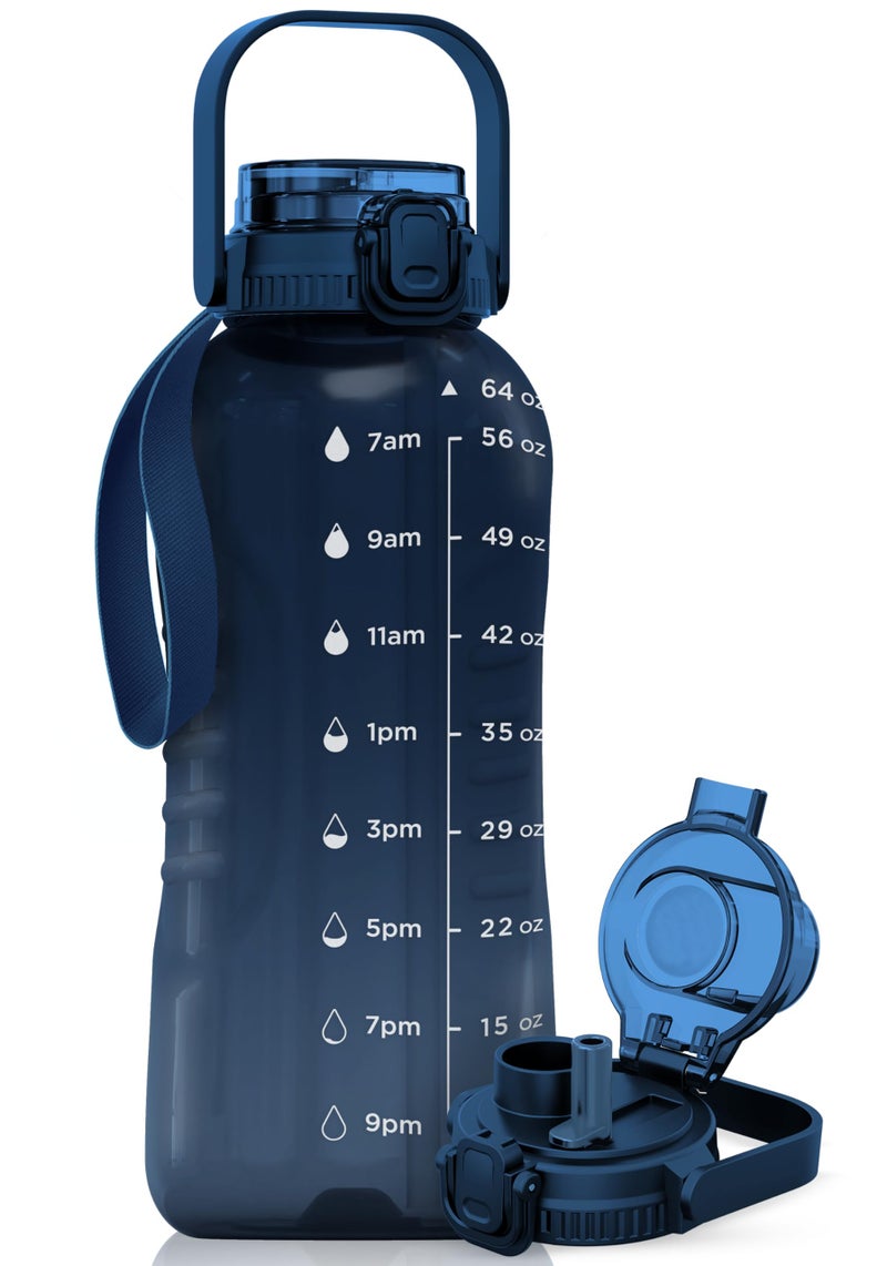 AQUAFIT 64 oz Water Bottle with Time Marker 2in1 Straw Chug Lid BPA Free Big Water Bottle with Straw Gym Water Bottle with Strap Water Jug 64 Ounces Nebula