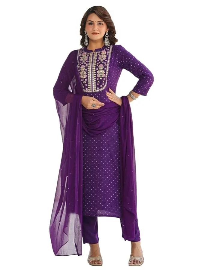 GoSriKi Women's Cotton Blend Straight Embroidered Kurta with Pant & Dupatta (RAJI-BEGANI-NKJ-GS_L_Purple_Large)
