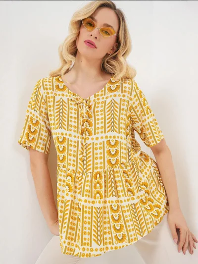 BIG DART BDART Patterned Crew Neck Blouse with Bow Detail