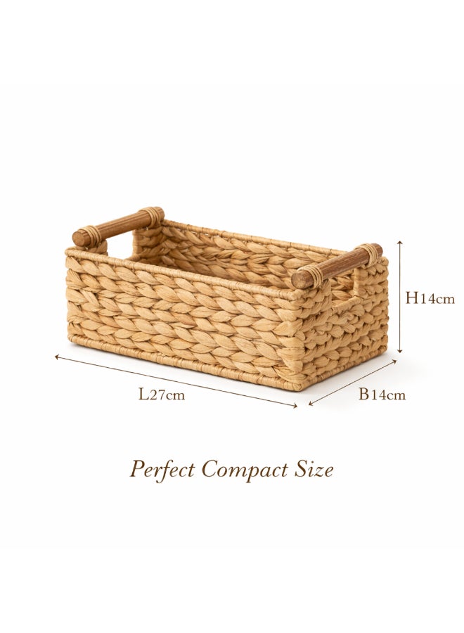 Homesmiths Hand-Woven Water Hyacinth Storage Basket with Rattan Handles – (L 27cm x B 14cm x H 14cm) Large, Woven Organizer Bin for Living Room, Bedroom, Bathroom, Closet & Home Storage - Image 2