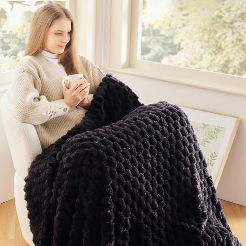 NEWCOSPLAY Super Soft Throw Blanket Black Premium Silky Flannel Fleece 3D Clouds Stylish Jacquard Lightweight Bed Blanket All Season Use 350GSM Black Throw50x60 - Image 3