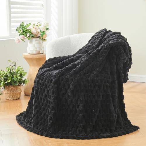 NEWCOSPLAY Super Soft Throw Blanket Black Premium Silky Flannel Fleece 3D Clouds Stylish Jacquard Lightweight Bed Blanket All Season Use 350GSM Black Throw50x60 - Image 1