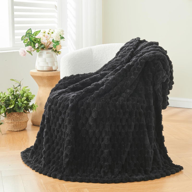 NEWCOSPLAY Super Soft Throw Blanket Black Premium Silky Flannel Fleece 3D Clouds Stylish Jacquard Lightweight Bed Blanket All Season Use 350GSM Black Throw50x60 - Image 2