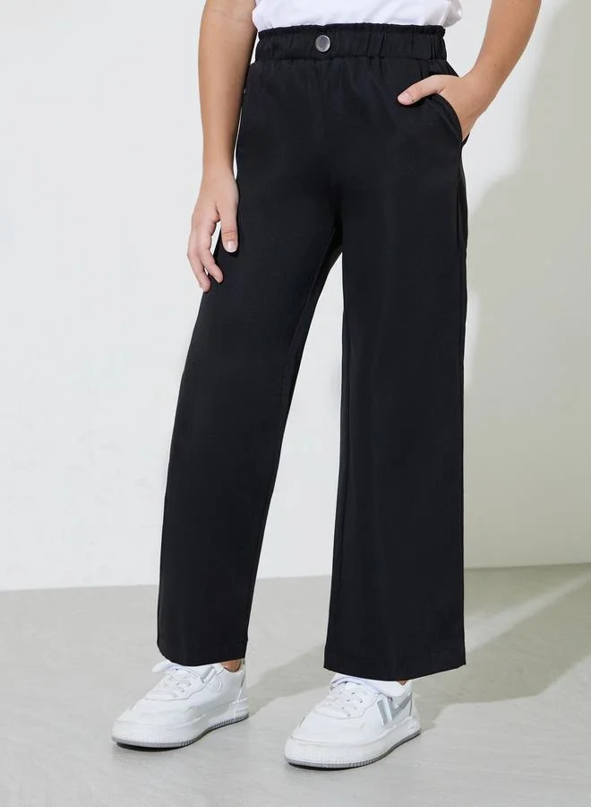 Styli Girls Black Solid Button Detail Wide Leg Trousers