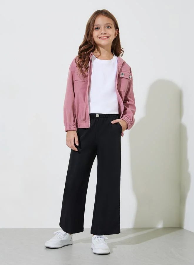Styli Girls Black Solid Button Detail Wide Leg Trousers