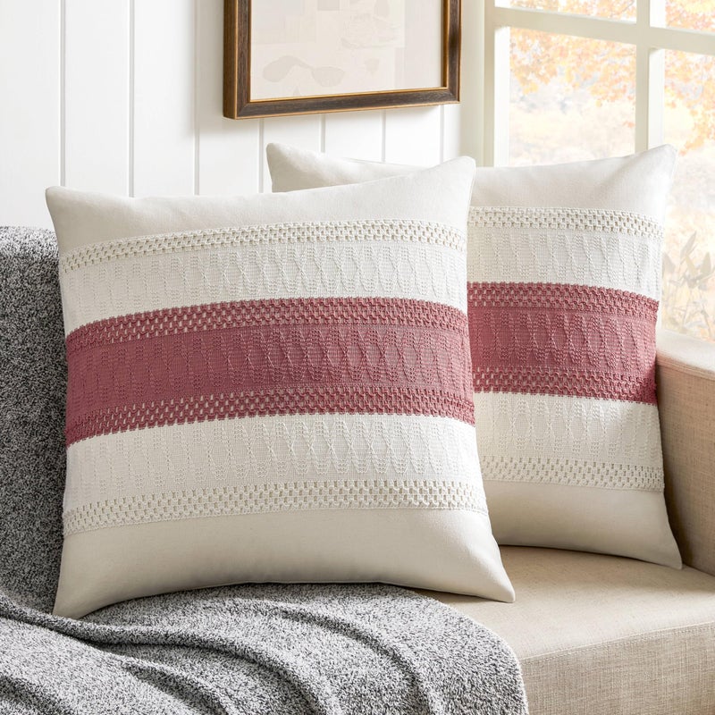 ZeeMart 2 Packs Cotton Boho Throw Pillow Covers 22x22 Inch Contrast/Dusty Pink  Soft Farmhouse Decorative Couch Pillow Cases Pink Cushion Covers for Sofa Bed Living Room Home Decor - Image 1