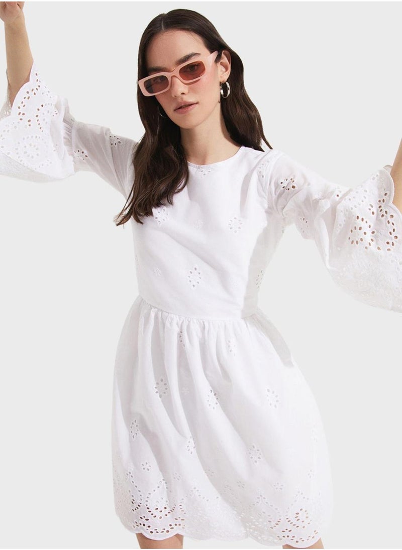 JUNE Eyelet Ruffle Sleeve Dress - Image 1