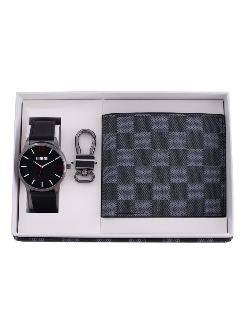 ANDIAMO Men's Analog Black Case Black Dial Black Leather Strap, Leather Wallet, Key Chain 