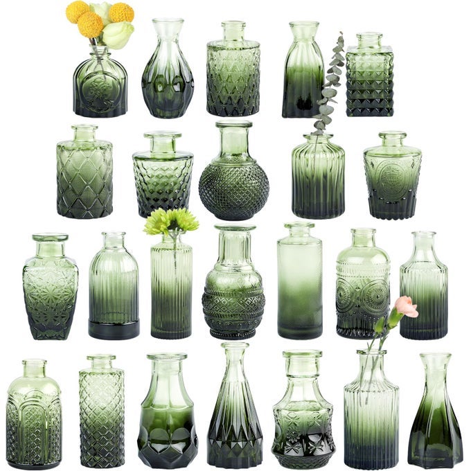 GLASS BUD VASE SET OF 24 SMALL GREEN FLOWER VASES FOR CENTERPIECES IN BULK MINI VINTAGE VASE FOR WEDDING DECOR AND HOME TABLE DCOR