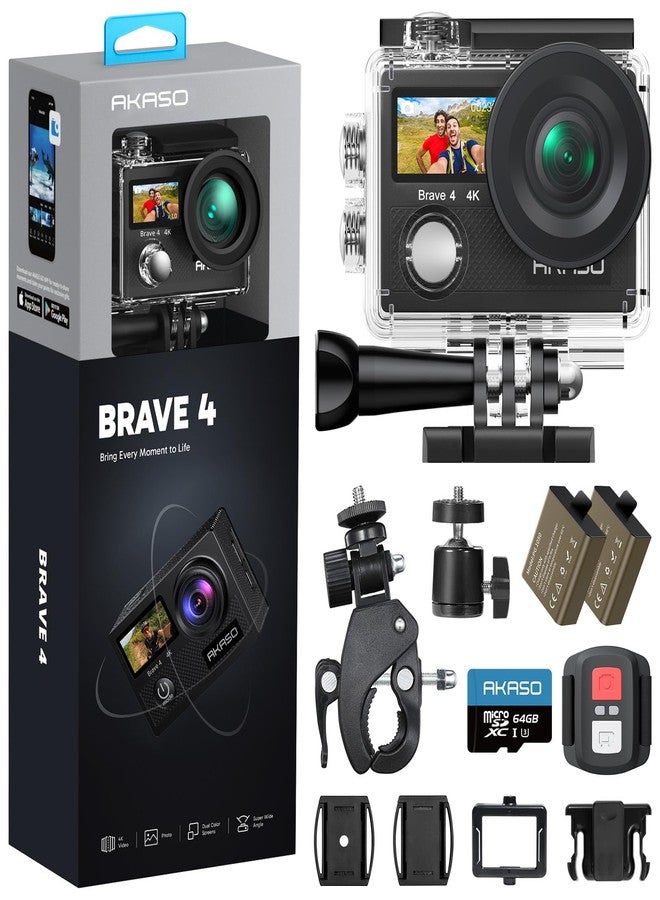 AKASO Brave 4 Action Camera 4K 30fps with 64GB MicroSD Card Bundle 20MP Ultra HD 131FT Waterproof Underwater Camera EIS WiFi Remote Control 5X Zoom Sport Cameras with Bicycle Accessories Kit - Image 1
