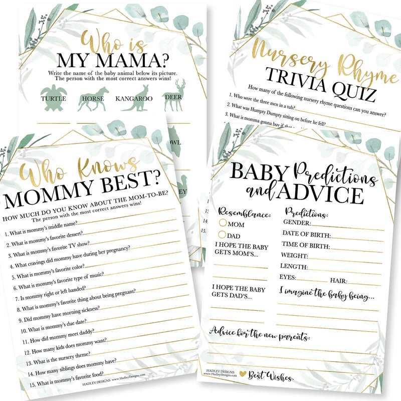 مجموعة ألعاب حفلة استقبال المولود من هادلي ديزاينز 50 بطاقة مزدوجة الجوانب لـ 25 ضيفًا 4 ألعاب توقعات ونصائح المولود أغاني الأطفال من يعرف الأم أفضل للجنسين مع تصميم نباتي أخضر