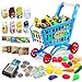 deAO Kids Shopping Cart Trolley for Groceries Toddlers 65 Food Fruit Vegetables Pretend Play Food Role Play Educational Toy Play Kitchen Toys Store Playset Blue - Image 2