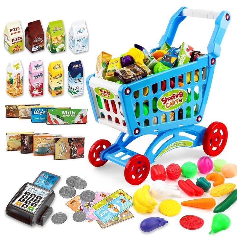 deAO Kids Shopping Cart Trolley for Groceries Toddlers 65 Food Fruit Vegetables Pretend Play Food Role Play Educational Toy Play Kitchen Toys Store Playset Blue - Image 3