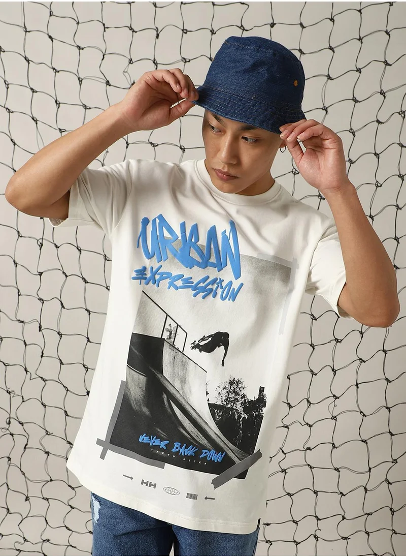 هوبرهولمي Men's White 100% Cotton Printed Oversized T-Shirt