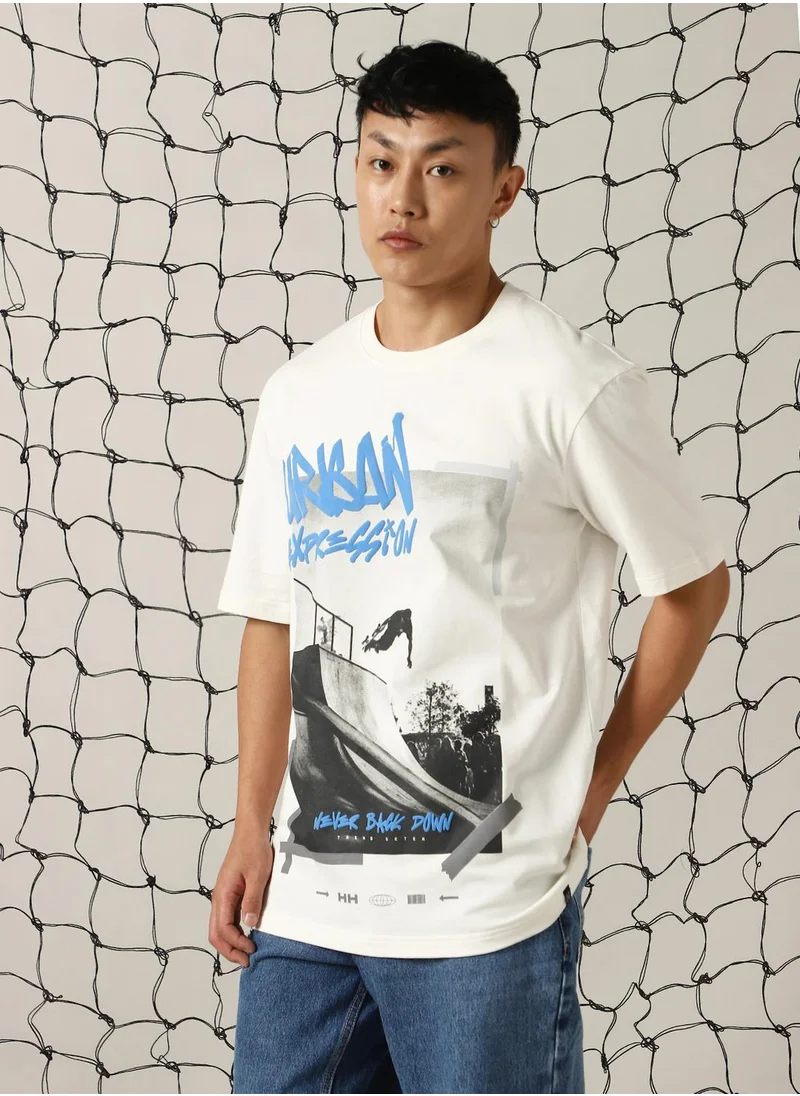 هوبرهولمي Men's White 100% Cotton Printed Oversized T-Shirt