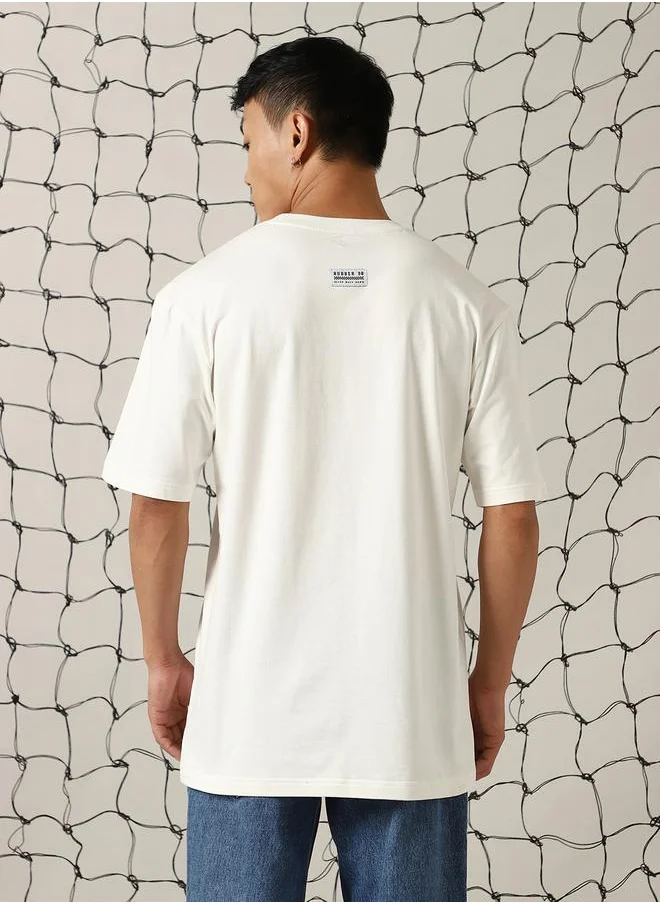 Hubberholme Men's White 100% Cotton Printed Oversized T-Shirt