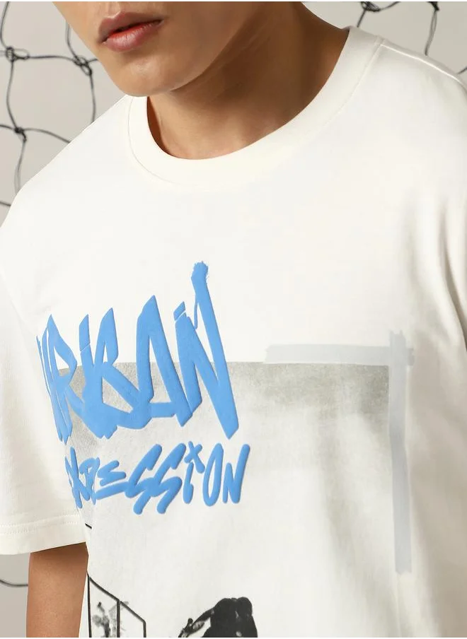 Hubberholme Men's White 100% Cotton Printed Oversized T-Shirt