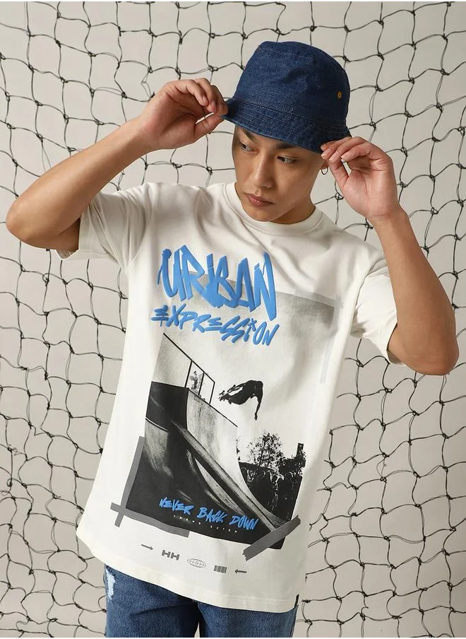 Hubberholme Men's White 100% Cotton Printed Oversized T-Shirt