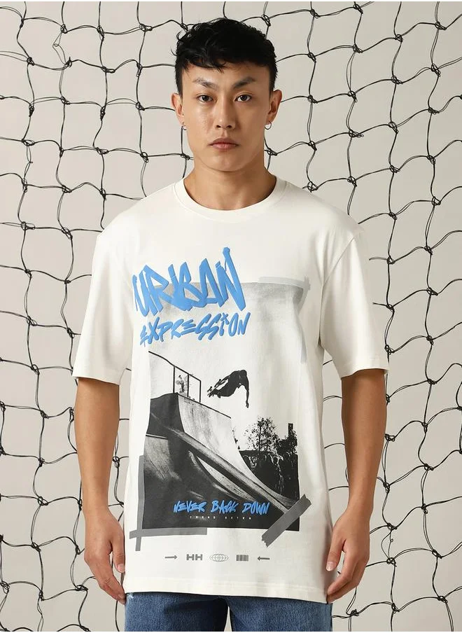 Hubberholme Men's White 100% Cotton Printed Oversized T-Shirt