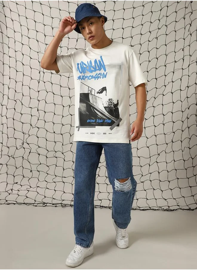 Hubberholme Men's White 100% Cotton Printed Oversized T-Shirt
