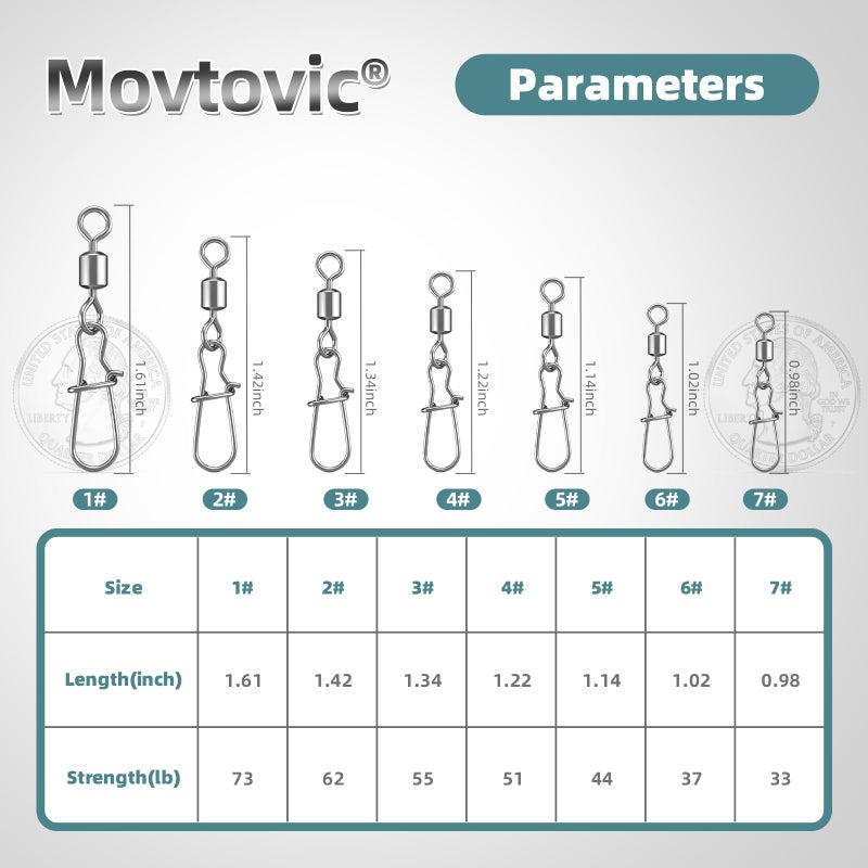 Movtovic 70 Pcs Corrosion Resistance Fishing Swivels & Snaps, 7 Sizes Detachable Snap Swivels, Convenience Pack Swivels Fishing Tackle for Recreational Fishing - Image 2