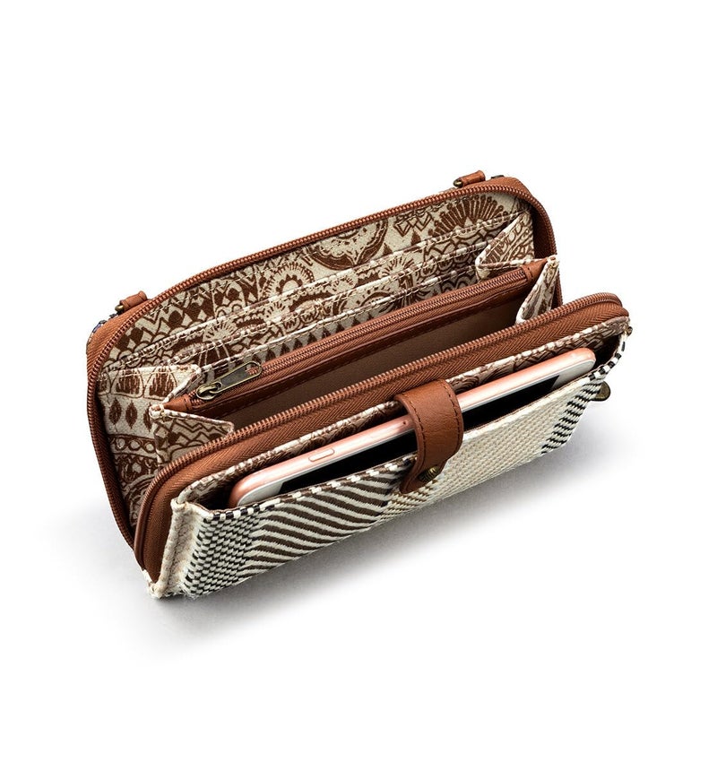 Sakroots Large Smartphone Crossbody in Canvas, Detachable Wristlet Strap, Tobacco Batik World Woven - Image 3