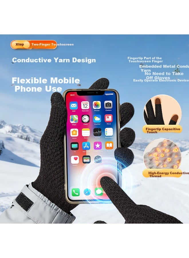 Xtep Winter Cycling Gloves Uni Thermal Knit Fleece Lined Touchscreen Anti-freeze Black Gloves For Electric Bike - Image 5
