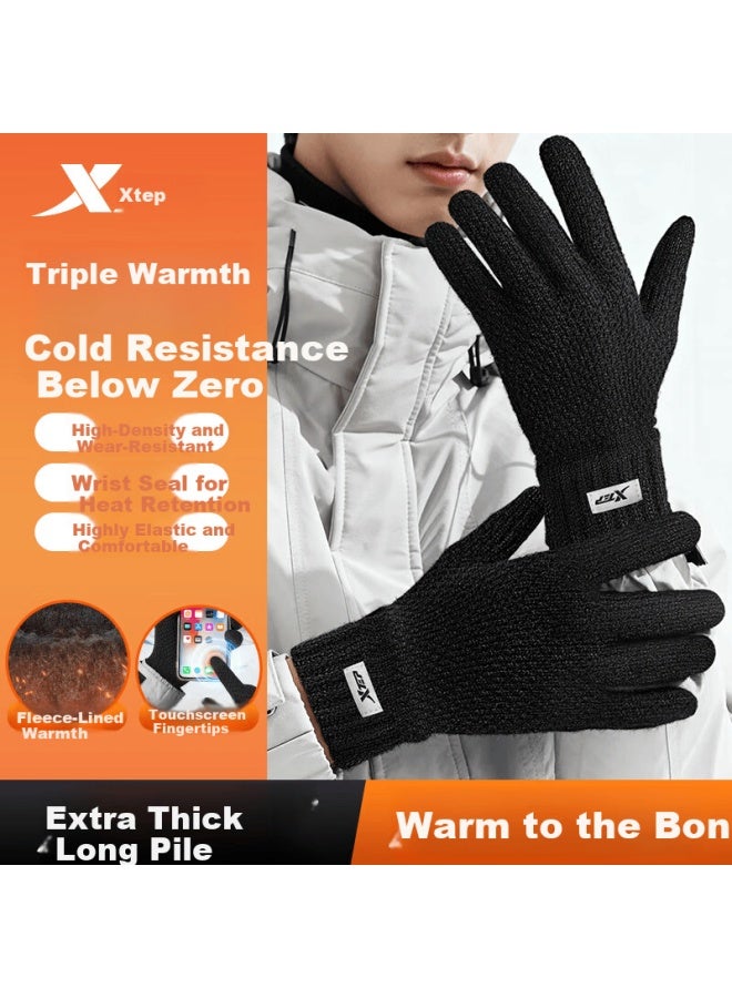 Xtep Winter Cycling Gloves Uni Thermal Knit Fleece Lined Touchscreen Anti-freeze Black Gloves For Electric Bike - Image 1