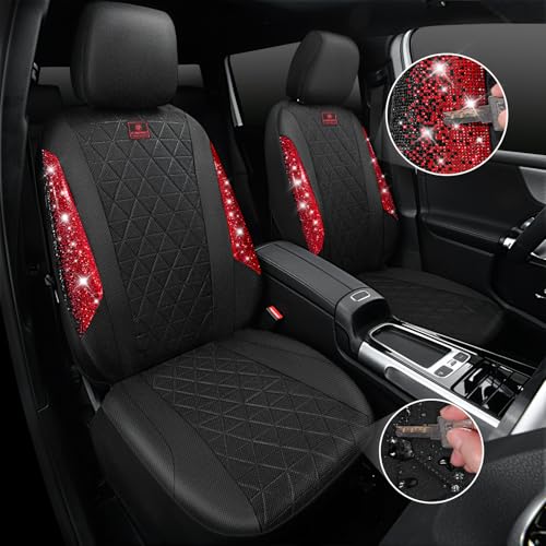 CAR PASS Oxford Bling Diamond Car Seat Covers Full Set Interior Sets Waterproof Shining Glitter Sparkly Crystal Universal Armrest Fit 95 Automotive Truck SUV Cute Women Girl Black Red Rhinestone - Image 3