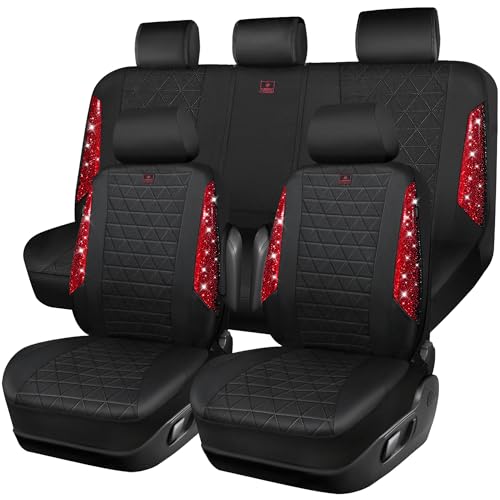 CAR PASS Oxford Bling Diamond Car Seat Covers Full Set Interior Sets Waterproof Shining Glitter Sparkly Crystal Universal Armrest Fit 95 Automotive Truck SUV Cute Women Girl Black Red Rhinestone - Image 1
