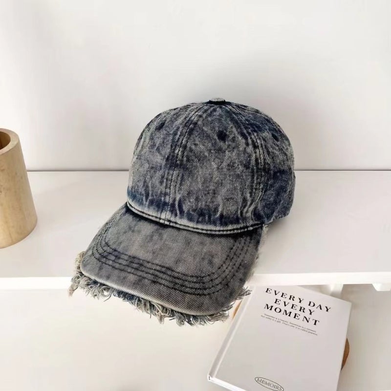 2024 New Design Sensibilitywashing Denim Ballcap Unisex Casual Trendy Small Face Revealing Washable Torn Fabric Hat Dark blue (lower layer burr)