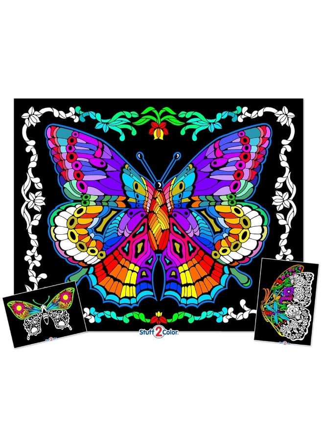 Stuff2Color Geo Butterfly - Fuzzy Coloring Poster - Includes 3 Designs to Color (1 Large, 2 Small) - for Kids, Toddlers, Kids, Teens and Adults [Beautiful Arts and Crafts Project for All Ages] - Image 1