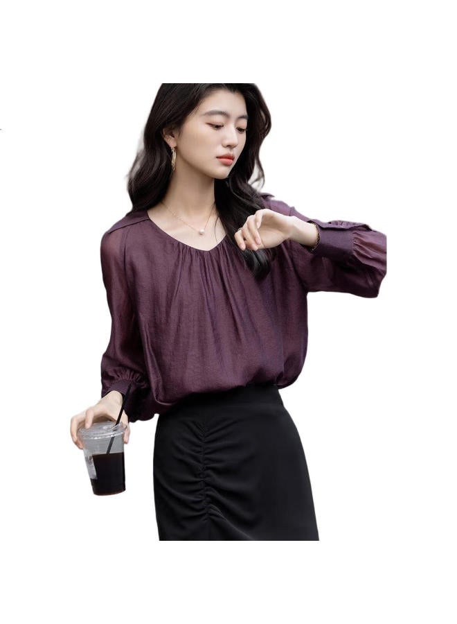 dme Demna【Monet Purple Series】Autumn Wrinkle Silk Shirt With Pleated V-Neck Front Short Back Long Blouse Women'S Top - Image 2