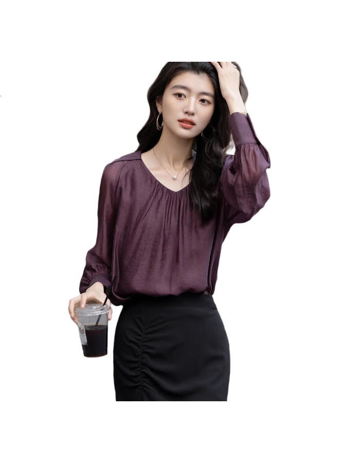 dme Demna【Monet Purple Series】Autumn Wrinkle Silk Shirt With Pleated V-Neck Front Short Back Long Blouse Women'S Top - Image 3