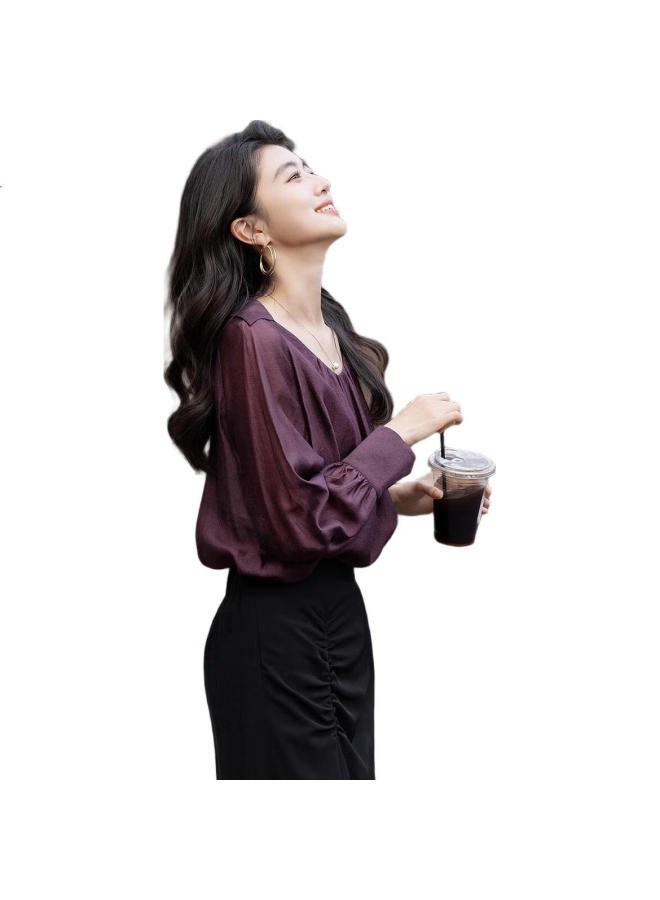 dme Demna【Monet Purple Series】Autumn Wrinkle Silk Shirt With Pleated V-Neck Front Short Back Long Blouse Women'S Top - Image 1