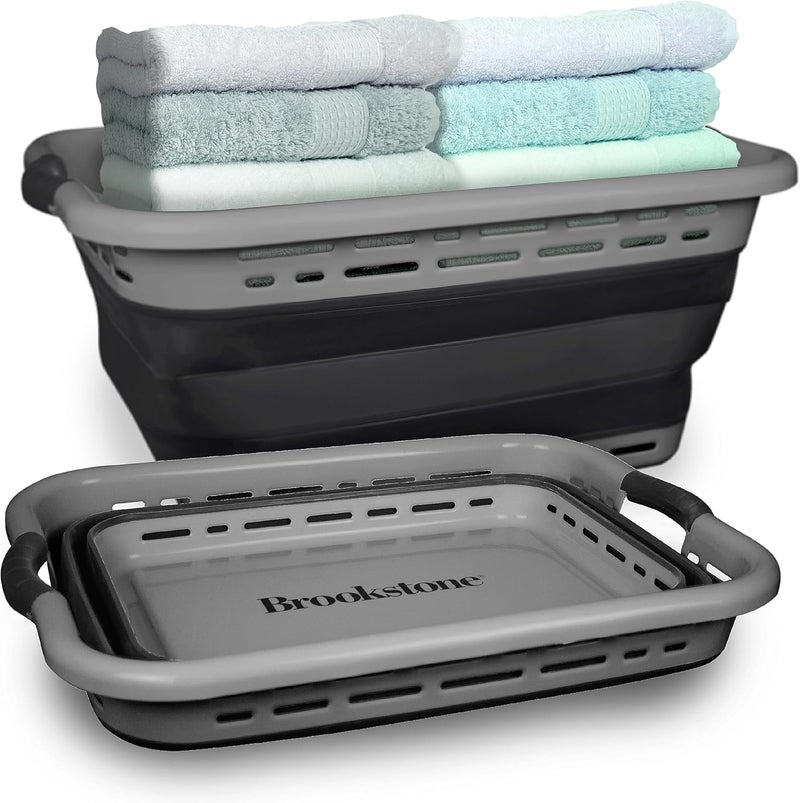 Brookstone , 11 GALLONS - [OUR LARGEST BASKET EVER] 24" Collapsible Laundry Basket, Comfort Non-Slip Grip Handles, Minimalist Space Saving Design, Portable Pop-Up Hamper, [BPA FREE] Dark Grey - Image 1