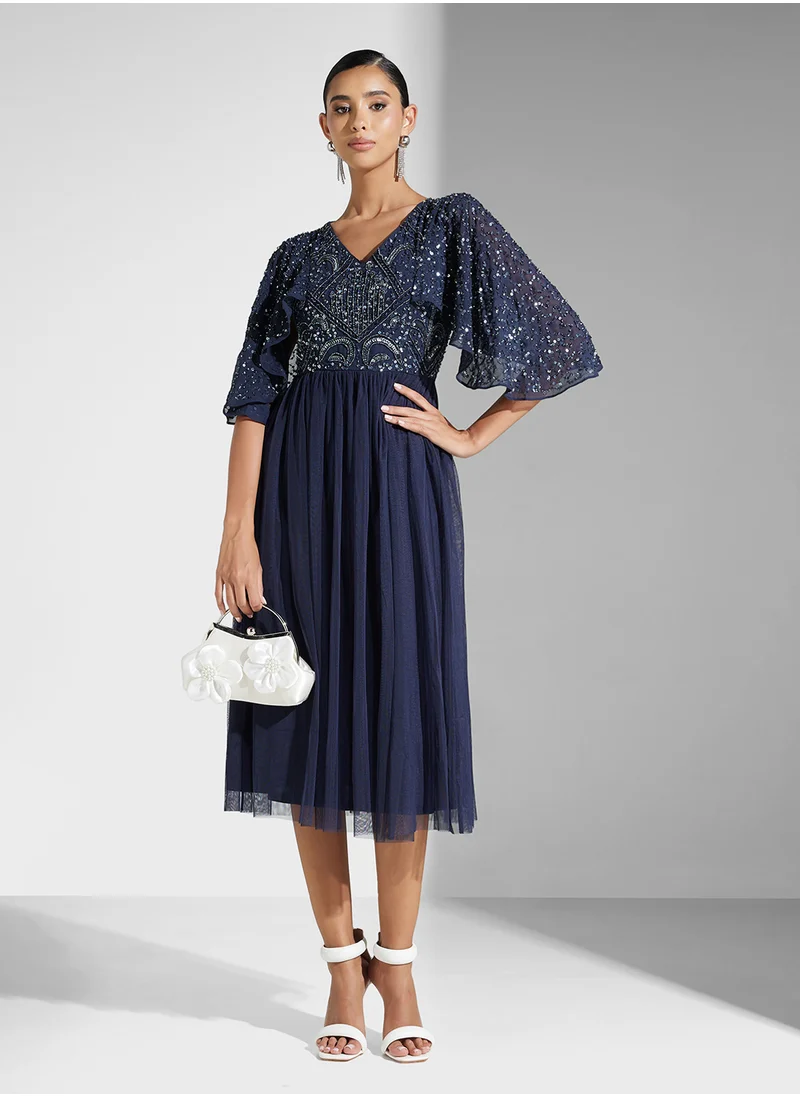 Amelia Rose Embellished V-Neck Mesh Detailed Dress