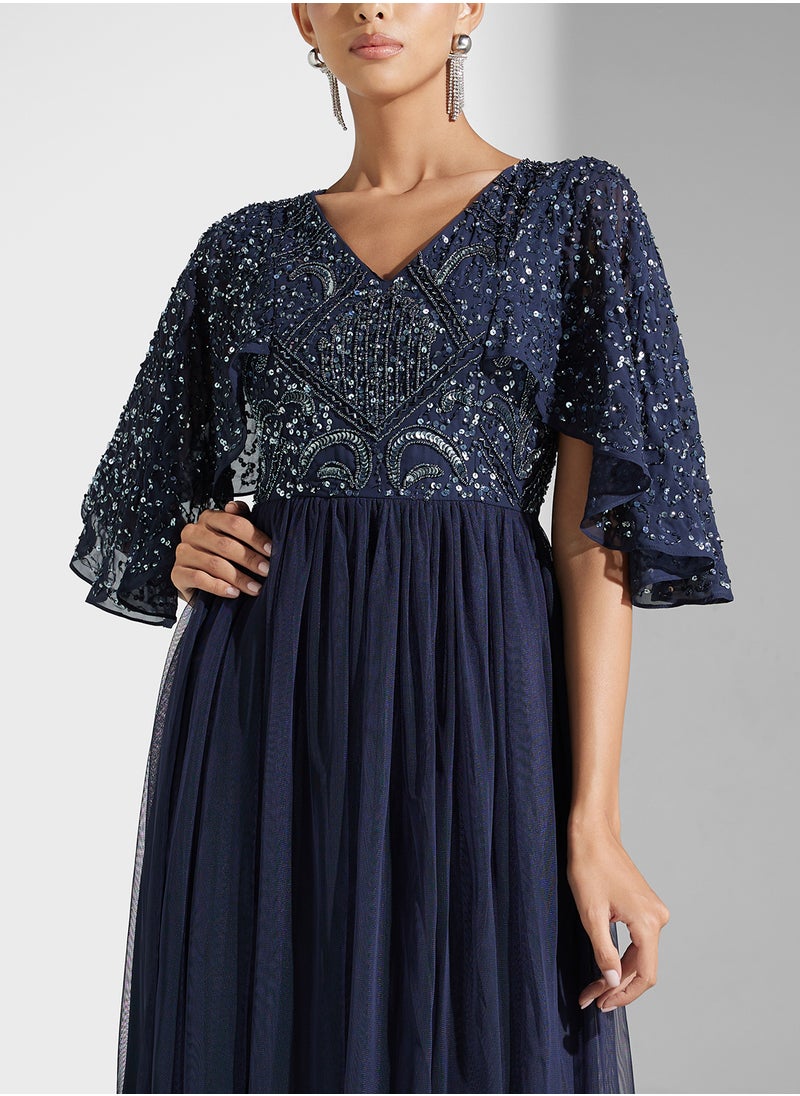 Amelia Rose Embellished V-Neck Mesh Detailed Dress  - Image 3
