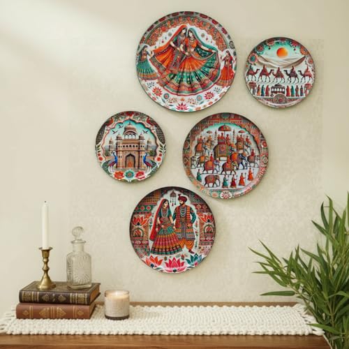 Ekhasa Nostrae Rajasthani Art Metal Wall Plates for Home Decoration | Decorative Wall Plate Set (set of 5) | Handcrafted Metal Wall Decor Plates for Living Room, Bedroom & Modern Interiors - Image 1