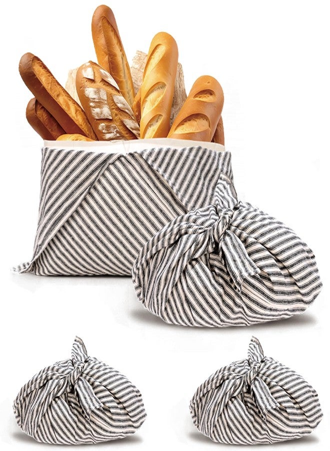 yeload 2 Pack Beeswax Bread Bags, Striped Linen Bento Bags, 14" Cotton Loaf Bag, Reusable Organic Food Storage, Sourdough Bag, Rustic Farmhouse Azuma Bukuro Origami Wrap for Baked Gifts (Black, 2) - Image 1