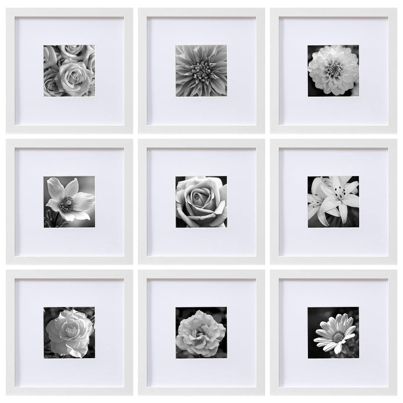 eletecpro 10x10 Picture Frames Set of 9 with Mat for 5x5 Photos or without Mat for 10x10 Square Gallery Wall Decor Collage for Picture Display White Frame Set for Wall Hanging