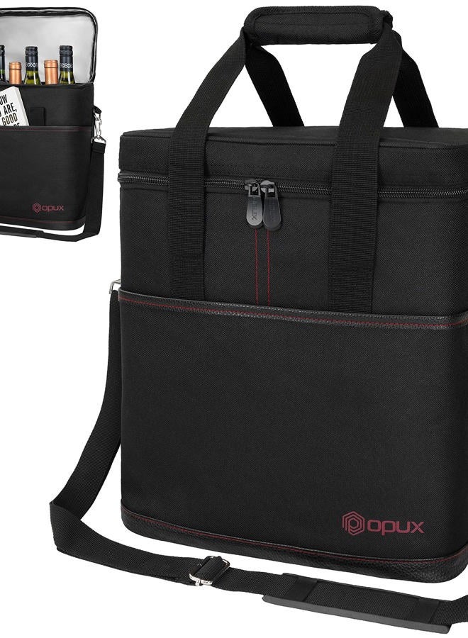 opux 6 Bottle Carrier Tote | Insulated Padded Wine Cooler Bag for Travel. Picnic, BYOB | Portable Leakproof Wine Tote Bag for Dinner, Party, Christmas, Wine Gift for Women, Men (Black) - Image 1