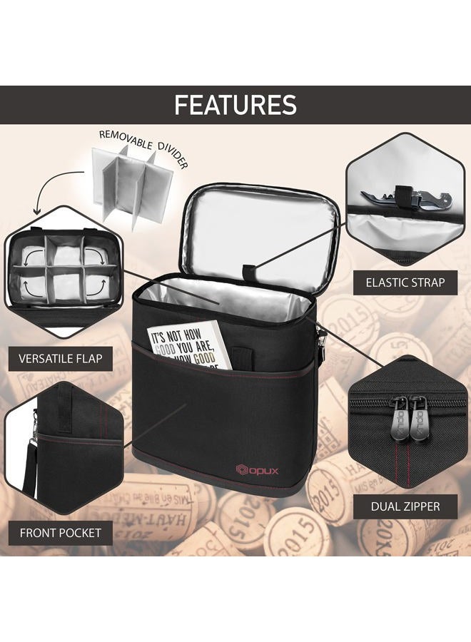 opux 6 Bottle Carrier Tote | Insulated Padded Wine Cooler Bag for Travel. Picnic, BYOB | Portable Leakproof Wine Tote Bag for Dinner, Party, Christmas, Wine Gift for Women, Men (Black) - Image 4