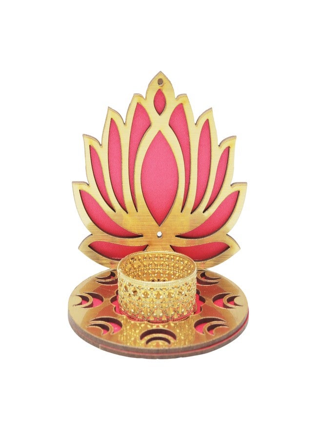 Aditri Creation Set of 2 Decorative MDF Wooden Pink Golden Lotus T Light Holder Candle Stand Tealight Holder Indian Traditional Festival Diwali Decorations Lighting Accessories (Without Wax)(Size:-4" Inches) (Pink-1) - Image 2