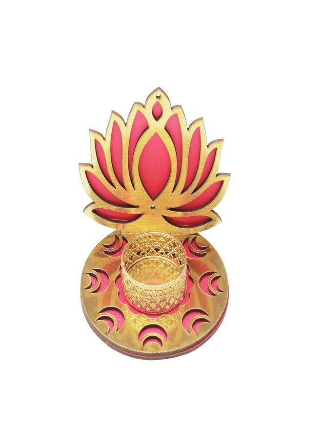 Aditri Creation Set of 2 Decorative MDF Wooden Pink Golden Lotus T Light Holder Candle Stand Tealight Holder Indian Traditional Festival Diwali Decorations Lighting Accessories (Without Wax)(Size:-4" Inches) (Pink-1) - Image 5