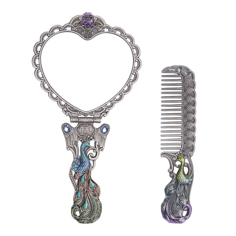 Nerien Vintage Peacock Metal Mirror Comb Set Antique Heart-shaped Handheld Vanity Mirror Comb Set Antique pewter - Image 2
