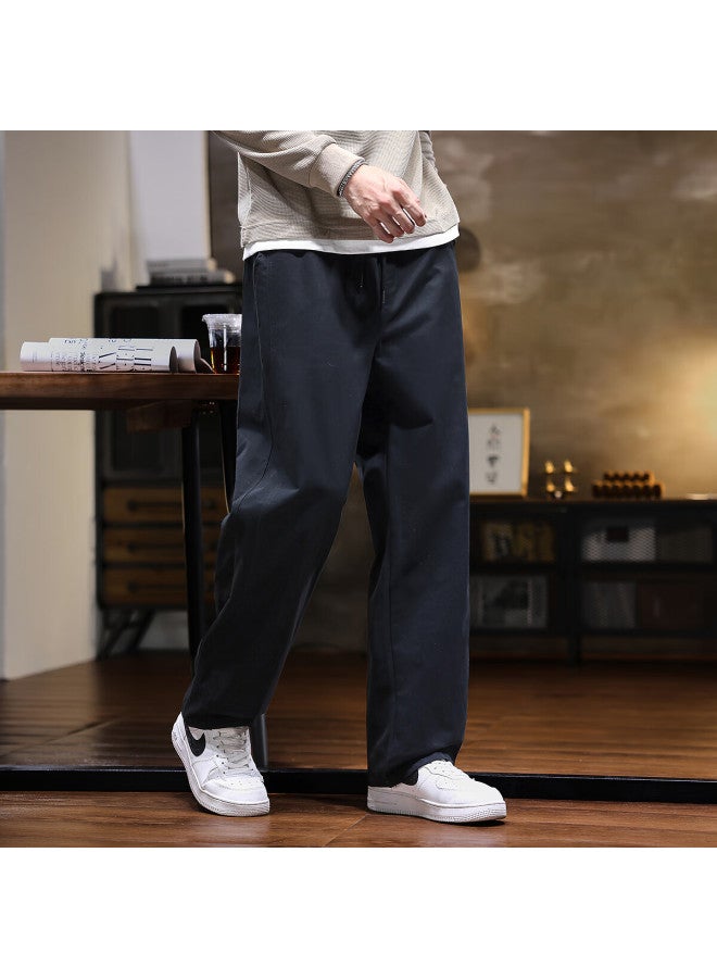 Tonlion  Autumn Winter Men's Woven Front Leather Patch Loose Straight Casual Pants - Image 2